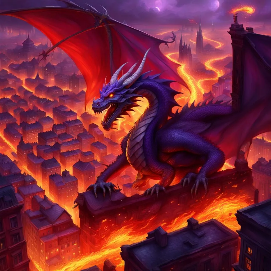 A purple dragon with red wings is perched on a building in a city. The dragon's mouth is open. The city is on fire. There are two moons in the sky.