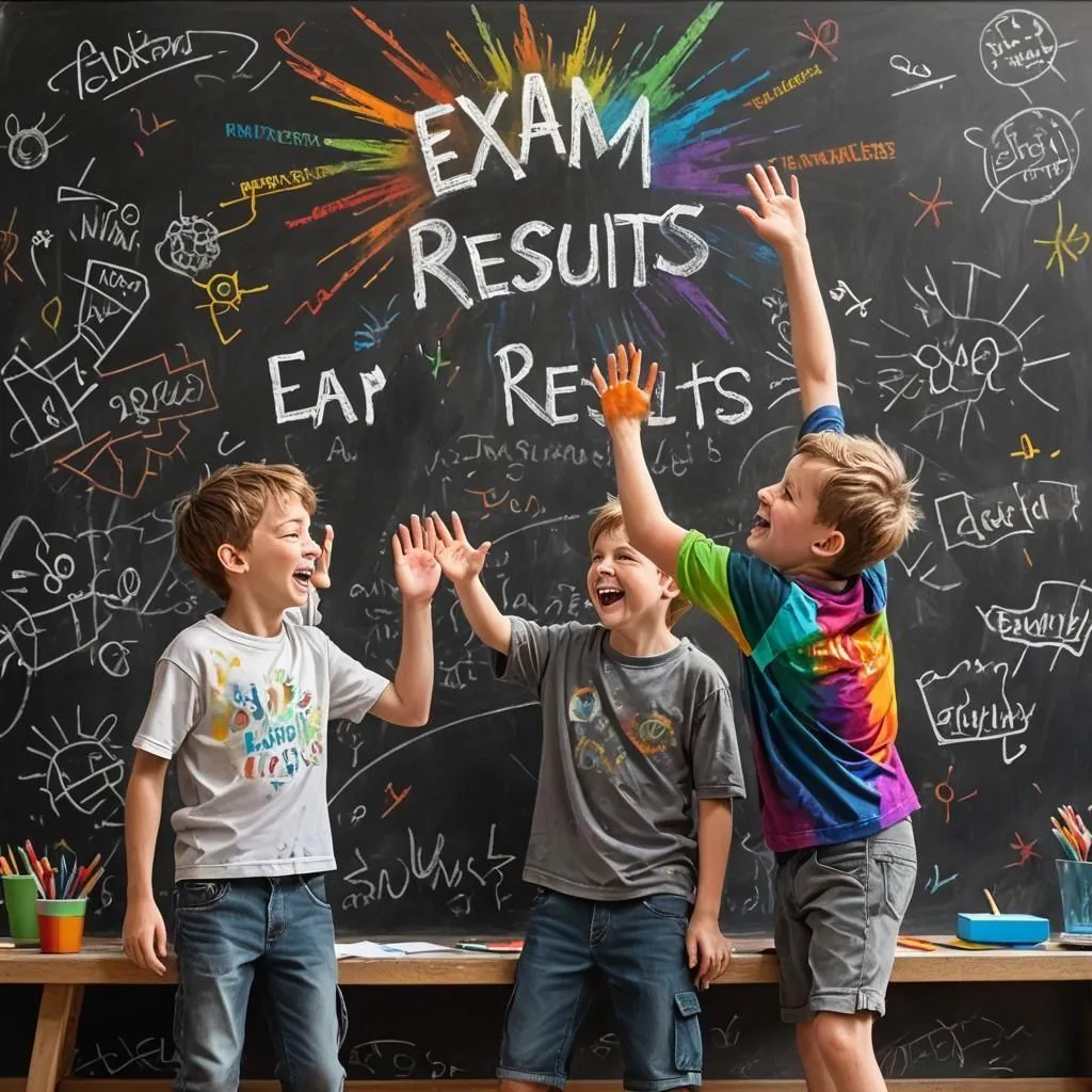 The image shows three children standing in front of a blackboard. The blackboard is filled with colorful chalk drawings and the words "Exam Results". The children are all smiling and appear to be happy with their exam results. They are dressed in casual clothing and are all wearing backpacks. The background of the image is a chalkboard with a world map drawn on it.