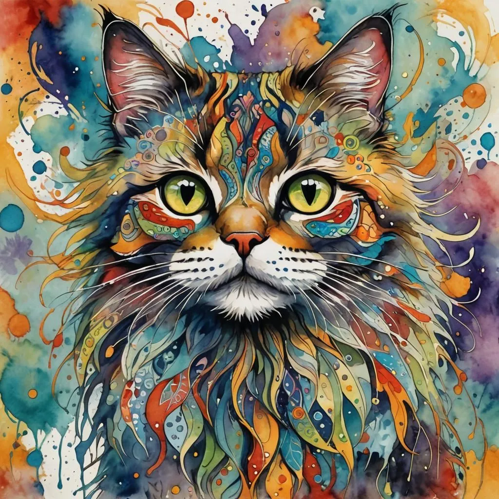 The image is a watercolor painting of a cat. The cat has long, flowing hair and big, green eyes. The fur is a rainbow of colors, including blue, green, yellow, orange, and purple. The background is a bright, light blue with splashes of darker blue, purple, yellow, and green. The painting has a whimsical, almost psychedelic feel to it.