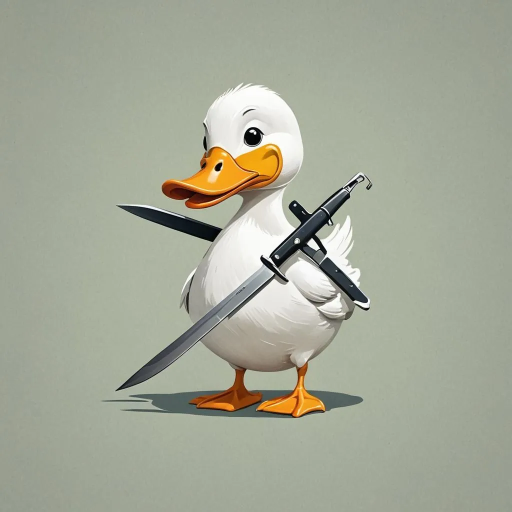 The image shows a white duck, with a yellow beak and orange feet. The duck is holding two knives, one in each wing. The duck is standing on a solid green background. The duck has a serious expression on its face.