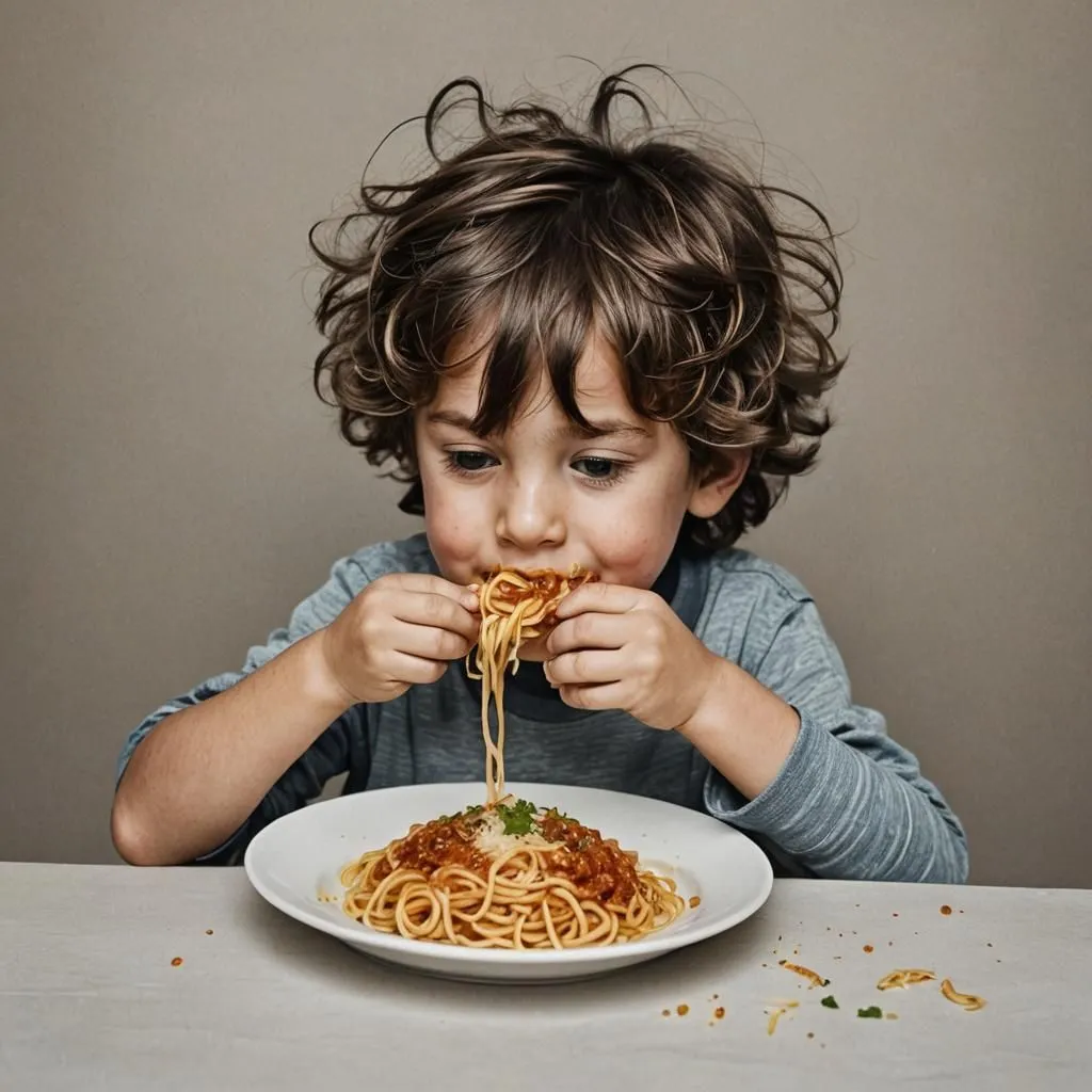 The photo shows a young boy with curly brown hair eating spaghetti. He is wearing a blue shirt and has a messy face. The boy is sitting at a table with a white plate of spaghetti in front of him. He is holding the spaghetti with his hands and eating it. The background of the photo is a light brown color.