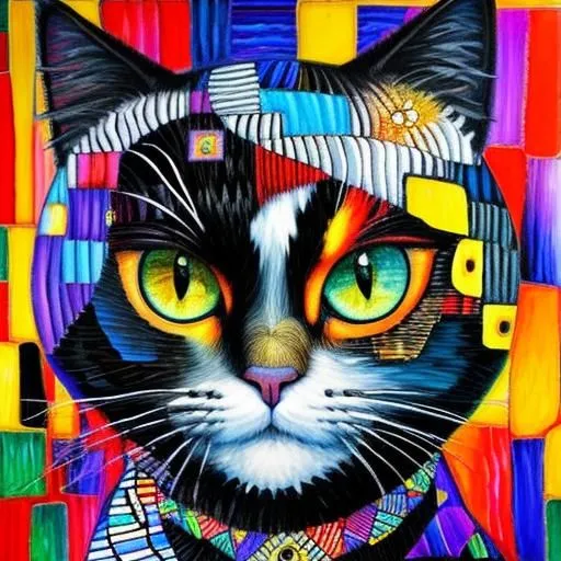 This is a painting of a cat. The cat has green eyes and a black nose. The fur is black with patches of white, yellow, blue, and red. The background is a bright yellow with red, blue, and green shapes. The painting has a colorful and whimsical style.