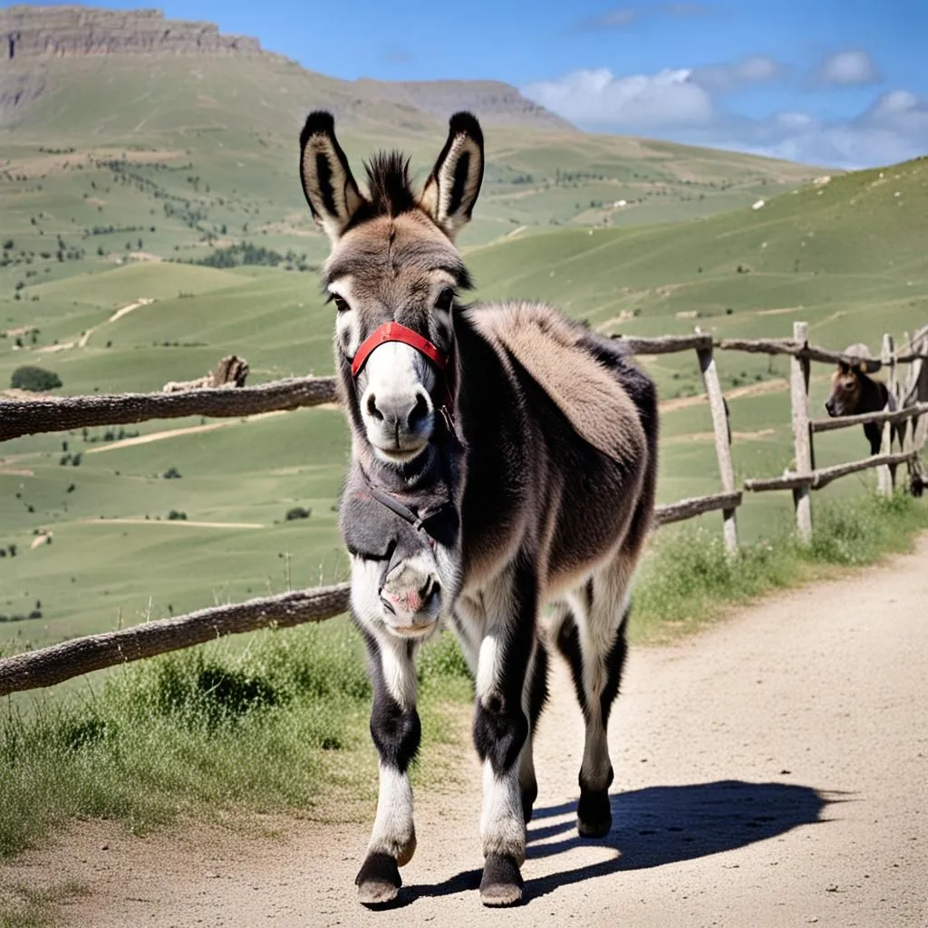 This image shows a donkey standing in a field. The donkey is gray and white, and it has a red halter on. There is a wooden fence in the background, and there are mountains in the distance. The donkey is looking at the camera.