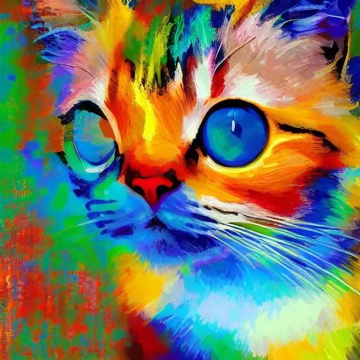 A cat's face is depicted in this painting. The cat's eyes are a bright blue, and the fur on its face is a rainbow of colors, including yellow, orange, red, green, and blue. The background is a blur of bright colors. The painting is done in a modern style, and the artist has used bold colors and brushstrokes to create a sense of movement and energy. The painting is also full of emotion, and the cat's eyes seem to stare out at the viewer with a sense of curiosity and wonder.