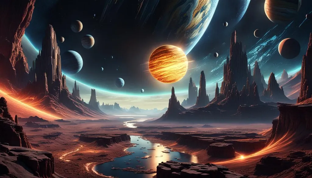 The image is set in a vast, alien landscape. There are towering rock formations in the foreground, and a river that winds its way through the middle of the scene. In the background, there are several planets and moons orbiting a large, glowing sun. The sky is dark, and there are stars twinkling in the distance.