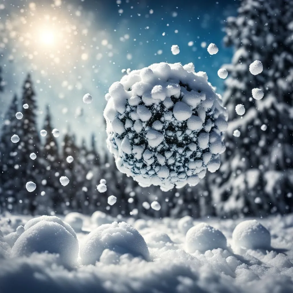 In the middle of a snowy forest, a large snowball is suspended in mid-air. It is perfectly round and covered in a thick layer of snow. The sun is shining brightly, and the sky is a clear blue. The only sound is the gentle falling of snow. The scene is peaceful and serene.