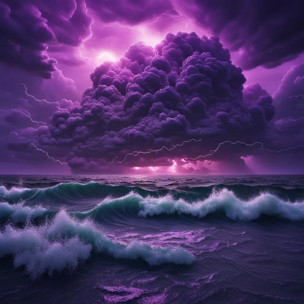 The purple storm clouds are rolling in over the ocean. The waves are capped with white foam and the lightning is flashing in the distance. The sky is dark and ominous, and the storm is building. The waves are crashing against the shore, and the wind is howling. The storm is at its peak, and it is a sight to behold. The power of nature is on full display, and it is a reminder of the forces that we are up against.