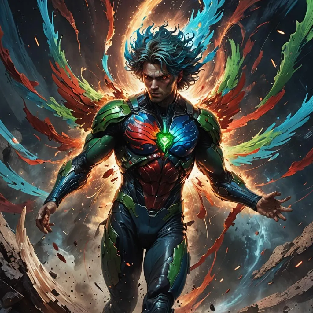 This is a picture of a superhero. He is wearing a blue and red suit with yellow and green accents. He has long green hair and blue eyes. He is standing in front of a dark background with a glowing yellow circle behind him. He is surrounded by colorful energy and has his arms outstretched.