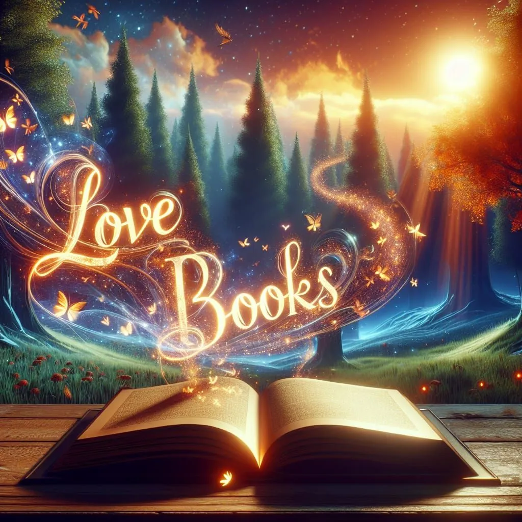 The image shows an open book with the words "Love Books" written on it. The book is in a beautiful forest setting, with a river running through it and trees all around. The words "Love Books" are written in a flowing script, and they seem to be glowing. There are also butterflies and other magical creatures flying around the book. The image is very peaceful and relaxing, and it seems to capture the joy of reading.