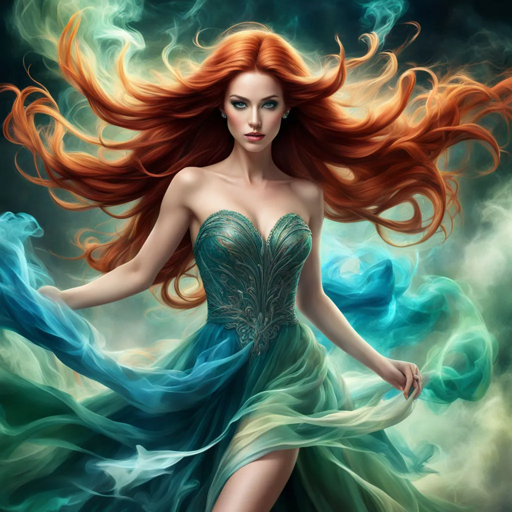 The picture shows a woman with long red hair wearing a blue dress. The dress has a sweetheart neckline and is fitted to the waist. The skirt is full and flows out from the hips. The woman is standing in front of a dark background with her arms outstretched. Her hair is blowing in the wind and she has a serene expression on her face.