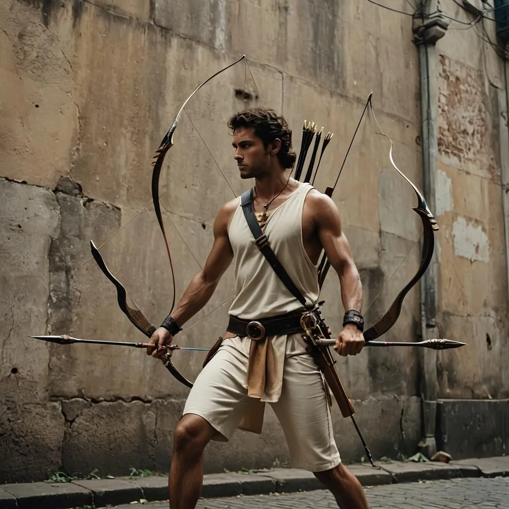 The image shows a man in ancient Greek clothing. He is standing in a fighting stance, with his feet shoulder-width apart and his knees slightly bent. He is holding a bow and arrow in his left hand, and his right hand is drawing the arrow back. He is wearing a white tunic, a brown belt, and a quiver of arrows is slung over his shoulder. His hair is dark and curly, and he has a determined expression on his face. He is standing in front of a stone building, and the sky is hazy.