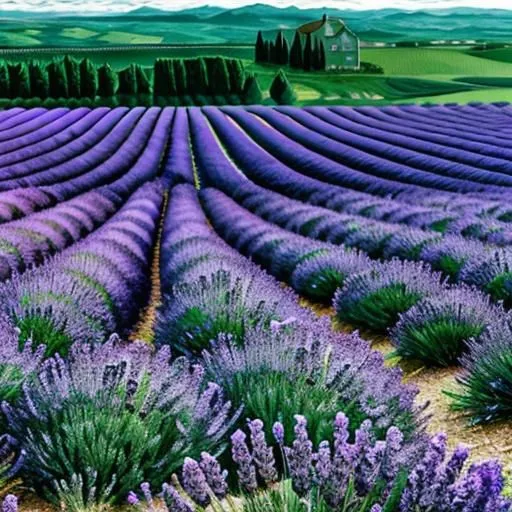 This is a photo of a lavender field. There are many rows of lavender plants, all in bloom. The flowers are a beautiful shade of purple. The field is surrounded by green hills and a blue sky. There is a house in the distance. The image is very calming and peaceful.