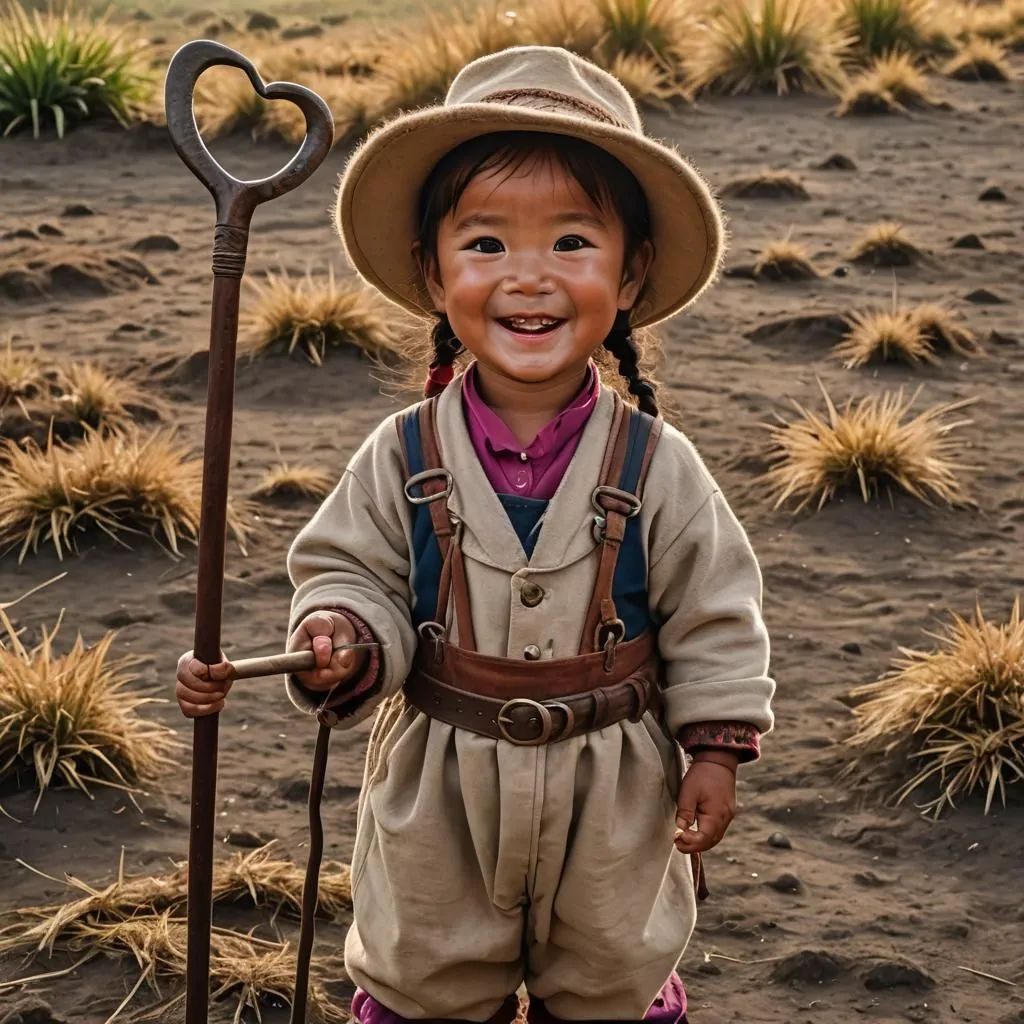 The little girl is wearing a hat and a beige suit. She has a walking stick in her hand. She is standing in a field of dry grass. The background is a mountain. The little girl is smiling.