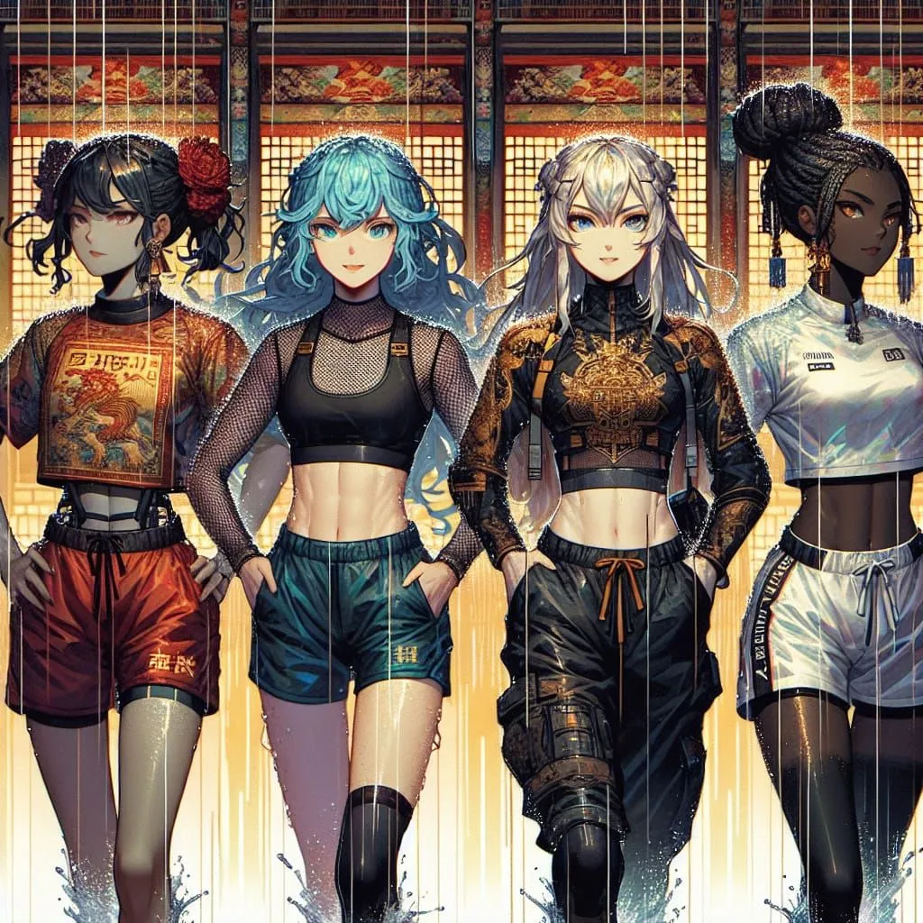 The image shows four beautiful women with different hair colors and styles. They are all wearing stylish clothes and have confident expressions on their faces. The background is a rainy street with a traditional Chinese-style building. The overall atmosphere of the image is one of strength and determination.