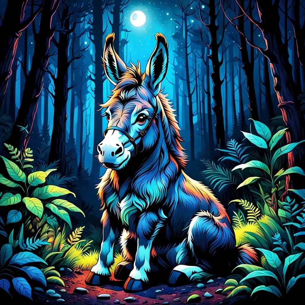 A beautiful donkey sits in a moonlit forest. The donkey is blue and has a long, flowing mane and tail and is wearing a bridle. The forest is dark and mysterious, with tall trees and dense foliage. The only light comes from the moon, which is shining brightly overhead. The donkey looks calm and content, as if it is right at home in the forest.