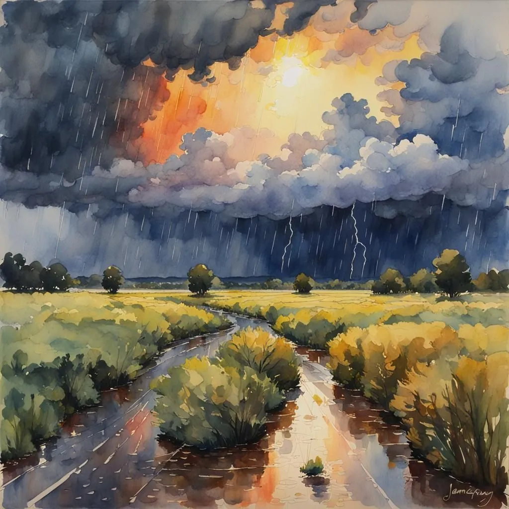 The watercolor painting is of a stormy landscape. The sky is dark and cloudy, with a bolt of lightning in the distance. The rain is coming down hard, and the river is overflowing. The trees are blowing in the wind, and the bushes are soaked. The painting is full of movement and energy. The colors are vibrant and intense. The painting is a beautiful and dramatic depiction of a stormy day.