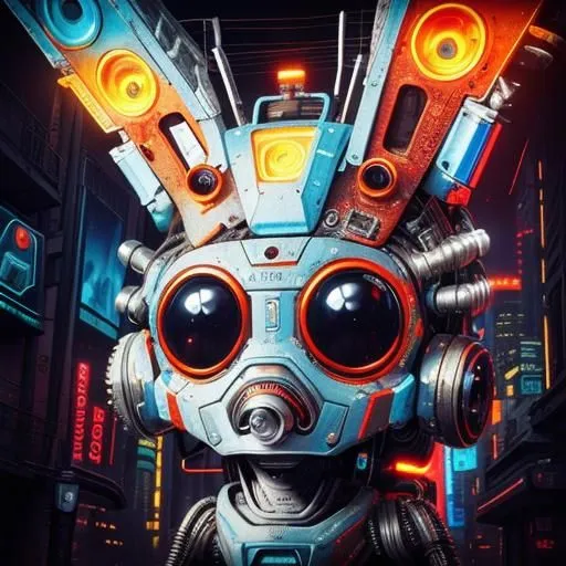 The image is a robot rabbit. It has a blue and orange color scheme. It is wearing a mask that covers its mouth and nose. It has two large speakers on its head. It is standing in a dark place. There are city lights in the background.