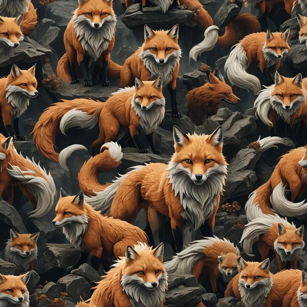 A group of red foxes are standing on a rocky background. The foxes are all different sizes and have different expressions on their faces. Some of the foxes are looking at the viewer, while others are looking away. The foxes are all very detailed and realistic.