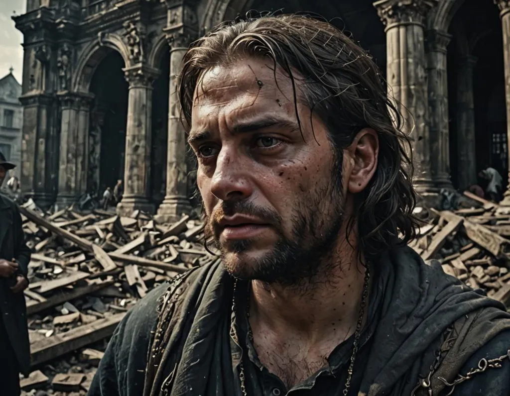 This is a picture of a man standing in a war-torn city. The man is dressed in a black shirt and has long brown hair and a beard. He has a determined look on his face, as if he is about to engage in battle. The background of the image is a ruined city, with rubble and debris everywhere. The image is both powerful and moving, and it captures the horror and devastation of war.