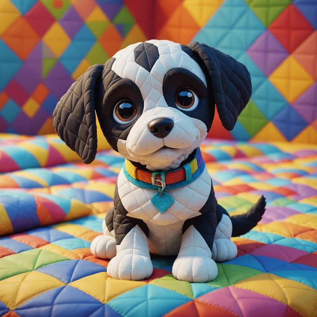 The image shows a cute puppy dog with black and white fur. It has big brown eyes and a pink nose. It is wearing a blue collar with a heart-shaped tag. The puppy is sitting on a colorful patchwork quilt. The background is a blur of bright colors. The puppy is looking up at the viewer with a happy expression.