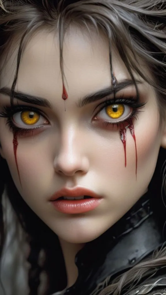 This image shows a woman with dark hair and yellow eyes. She is wearing a dark-colored outfit and has a red marking on her forehead. There is blood dripping from her eyes. She has a serious expression on her face.