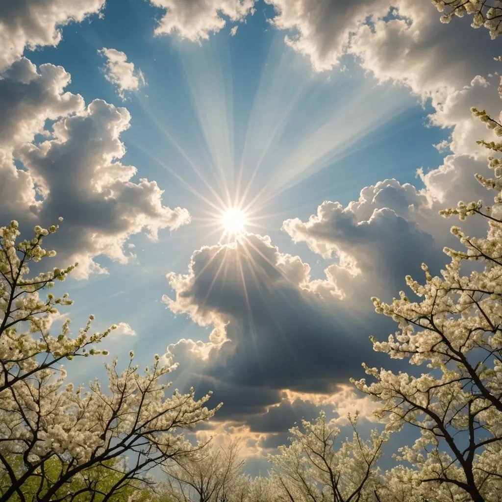 The sun is shining brightly in a blue sky with white clouds. The trees are in full bloom with white flowers. The branches of the trees are reaching out to the sky. The sun's rays are shining through the clouds and creating a beautiful pattern on the ground. The image is peaceful and serene.