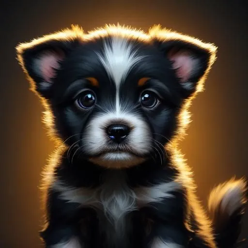 This is a picture of a puppy. The puppy has black, white, and brown fur. The puppy is looking at the camera with its big, round eyes. The puppy's ears are perked up and its tail is wagging. The puppy is sitting in a warm, sunny spot. The puppy looks happy and content.