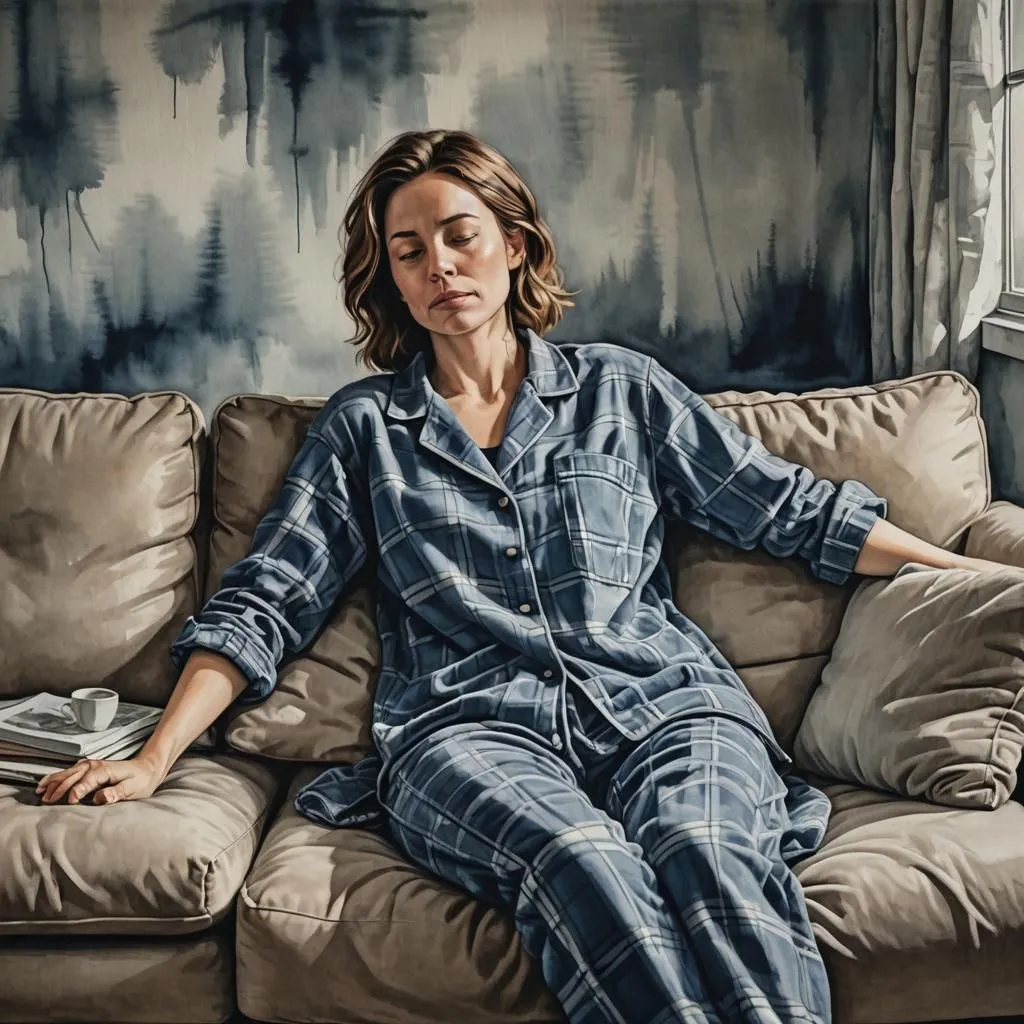 The painting is of a woman in her pajamas, sitting on a couch. She has a serene look on her face and her eyes are closed. The woman is wearing a blue and white plaid pajama set. She is sitting on a beige couch. The background of the painting is a blue and white abstract.