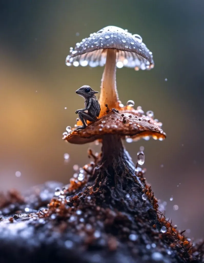 A tiny frog sits on a mushroom in the middle of a forest. The frog is brown and black, with a white belly. The mushroom has a brown cap and a white stem. The mushroom is wet from the rain, and the water droplets are glistening in the sunlight. The frog looks like it is enjoying the rain.