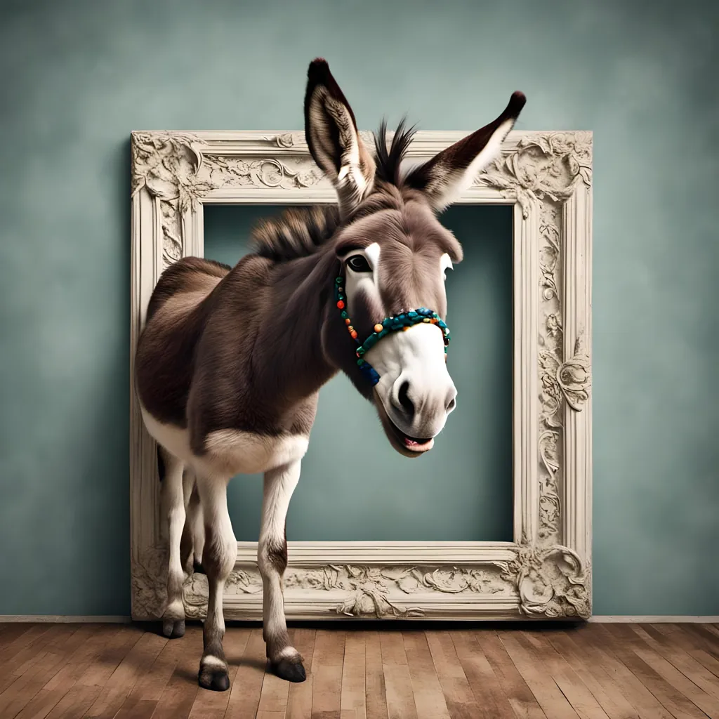 The image shows a donkey standing in front of a frame. The donkey is wearing a colorful beaded necklace. The frame is ornate and white, and it is placed on the floor in front of a blue wall. The donkey is looking at the camera with a curious expression.