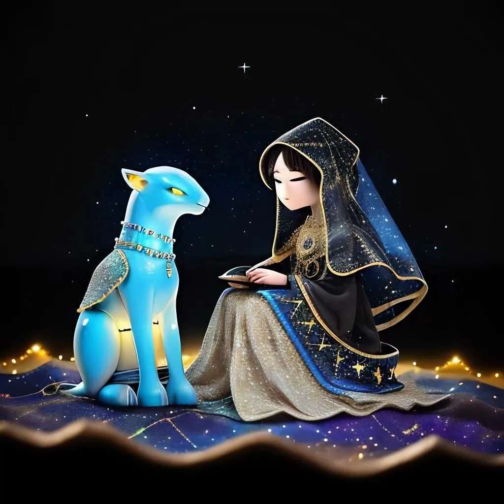 The little girl is sitting on a毯子, reading a book. There is a星空 in the background. The girl is wearing a斗篷, and the猫 is wearing a collar. The毯子 is decorated with星星. The girl and the猫 are both looking at the book.