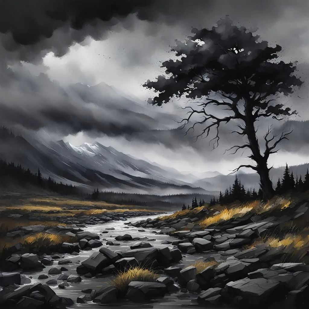 The image is a dark and stormy landscape. The sky is filled with heavy, black clouds, and the wind is whipping through the trees. The river is swollen and rushing, and the rocks in the foreground are slick with rain. The only light comes from a few small breaks in the clouds, which cast a pale glow over the scene. The image is full of foreboding, and it seems like a storm is about to break.