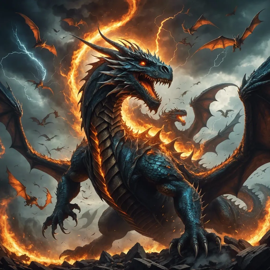 A magnificent blue and black dragon stands tall, its powerful wings outstretched as it roars defiantly. The dragon is surrounded by a fiery orange glow. Lightning crackles in the background, and a dark storm brews overhead. The dragon's scales are shimmering. Its eyes are narrowed in anger, and its teeth are bared in a menacing snarl.