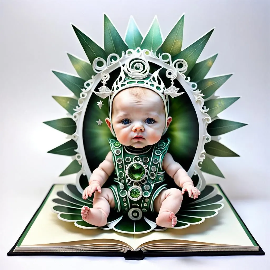 The image is a 3D rendering of a baby sitting in a green and white ornate structure that resembles a flower. The baby is wearing a green and white outfit with many small circular gems adorning the chest area. The background is white, and the baby is looking at the camera with a neutral expression. The image is very detailed, and the textures of the various surfaces are rendered realistically.