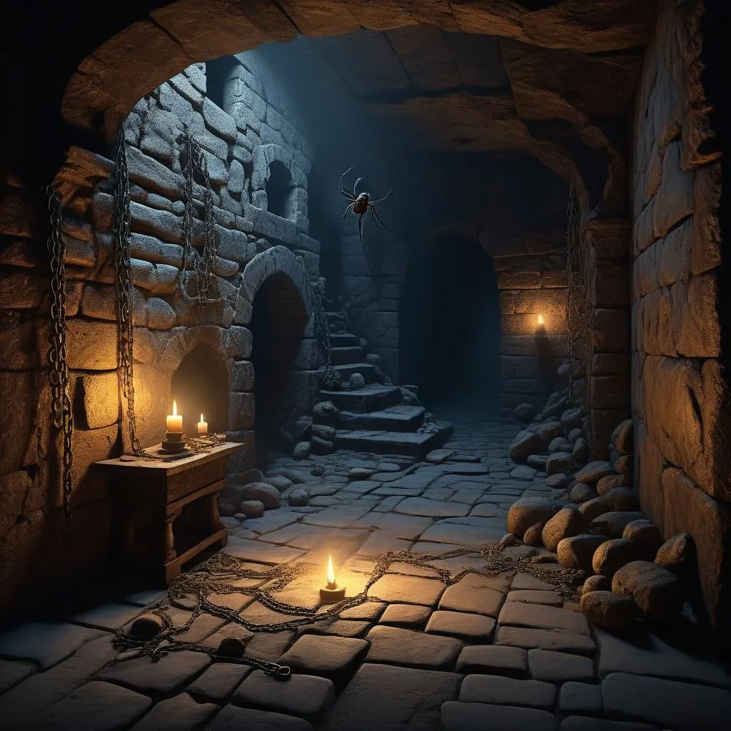 The image is a dark and gloomy dungeon. The walls are made of rough-hewn stone, and the floor is covered in cobwebs and dust. There is a single torch flickering in the distance, providing only a modicum of light. In the center of the dungeon is a large spider, its eyes glowing red in the darkness. The spider is surrounded by chains, and there are bones scattered all around it. The dungeon is silent, save for the sound of the spider's dripping venom.