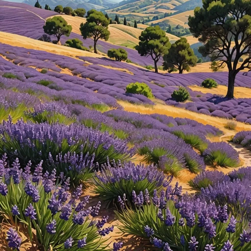 The image shows a field of lavender in bloom. The lavender is a beautiful purple color, and it is in full bloom. There are also some trees in the field, and they are a nice green color. The sky is blue, and it is a clear day. The image is very peaceful and relaxing.