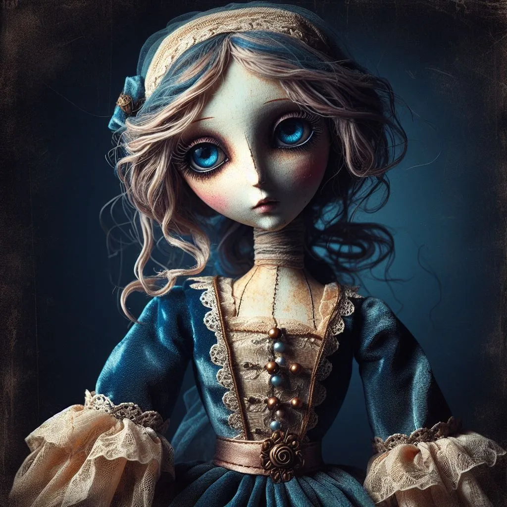 This is a picture of a doll with blue eyes and long blue hair. She is wearing a blue dress with white lace trim. The doll has a very pale face and dark blue lips. Her eyes are wide open and she is looking straight at the viewer. The doll is standing in front of a dark blue background.