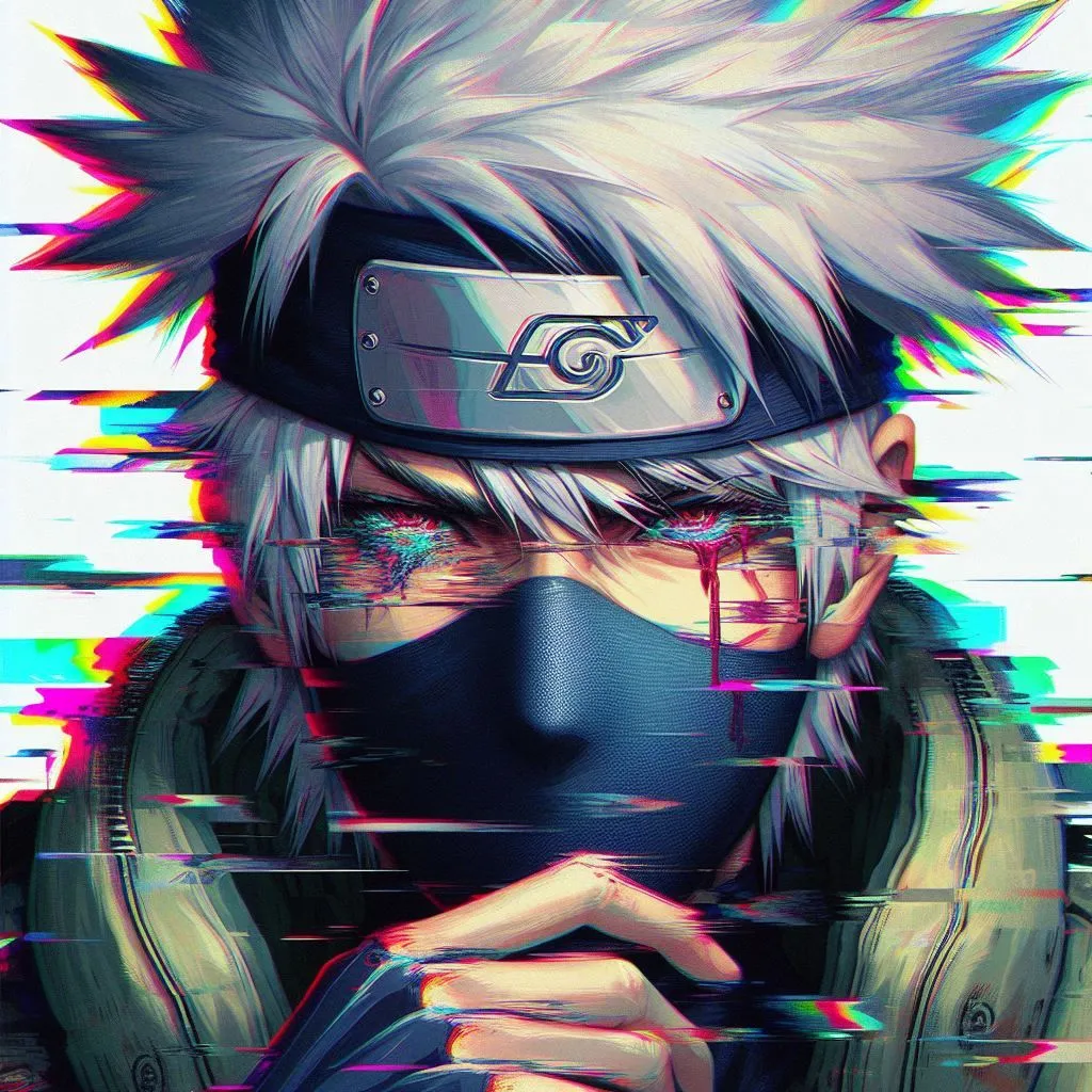 The image is of Kakashi Hatake, a character from the anime series Naruto. He is depicted with his left eye covered by a mask, and his right eye is glowing red. His hair is white and spiky, and he is wearing a black vest with a green flak jacket. The background is white, and there are several red and blue lines running through the image.