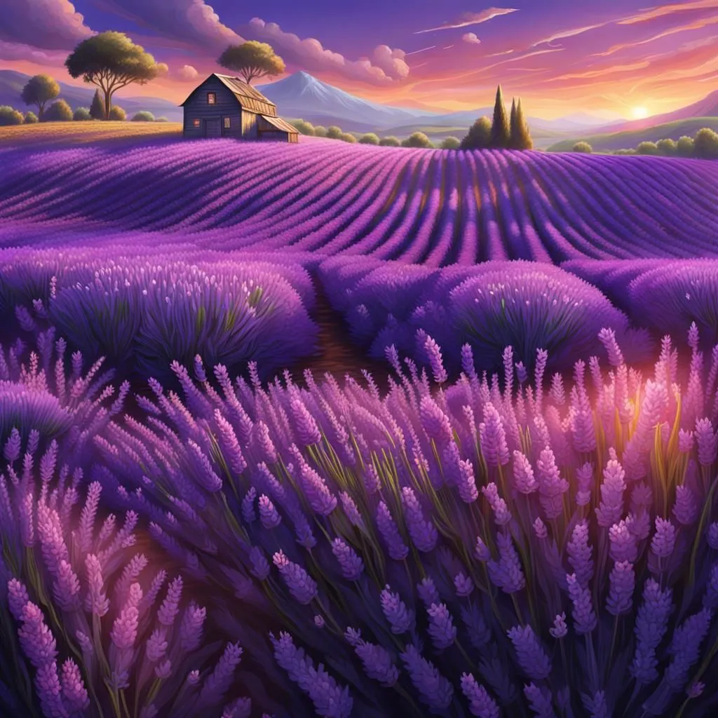 The image is of a lavender field. The lavender is in full bloom and the field is a sea of purple. There is a small barn in the distance and a few trees. The sky is a gradient of purple and pink. The sun is setting and the sky is ablaze with color. The image is peaceful and serene.