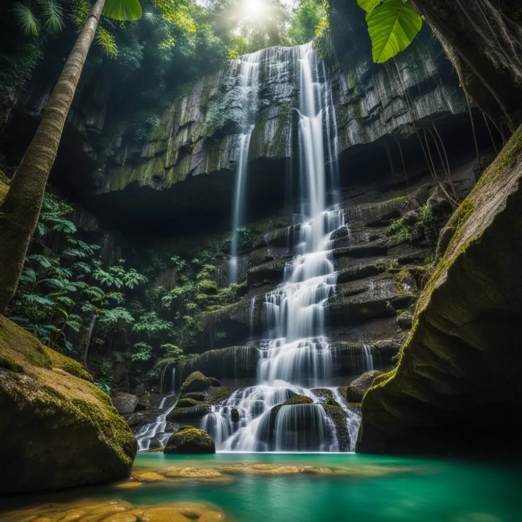 The waterfall is cascading down a steep cliff, and the water is crashing against the rocks below. The waterfall is surrounded by a lush green jungle, and the sunlight is shining through the trees. There is a large pool of water at the base of the waterfall, and the water is crystal clear.