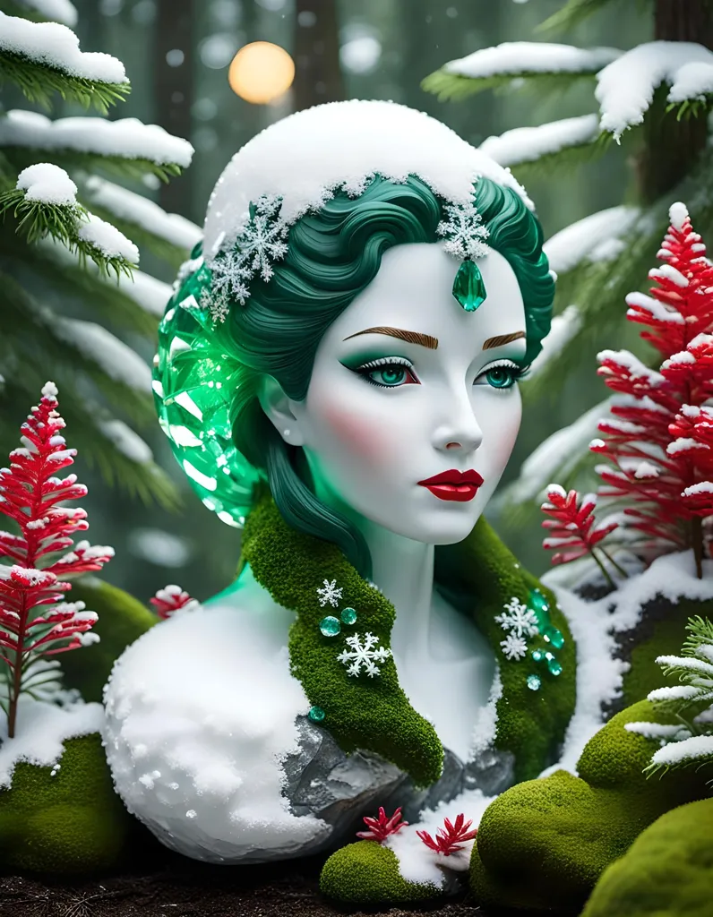 This is a picture of a woman who seems to be a snow queen. She has green hair and eyes, and her lips are red. She is wearing a white dress with a green sash. There are snowflakes in her hair and on her dress. She is surrounded by snow-covered trees and red flowers.