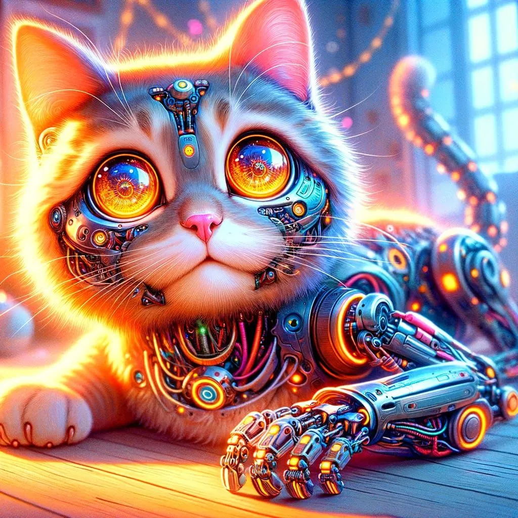 The image shows a cat with orange fur and blue eyes. It is wearing a collar with a tag that says "01". The cat is sitting on a wooden table and looking at the viewer. The background is a blurred image of a city at night. The cat is illuminated by a warm light. The image is rendered in a realistic style.