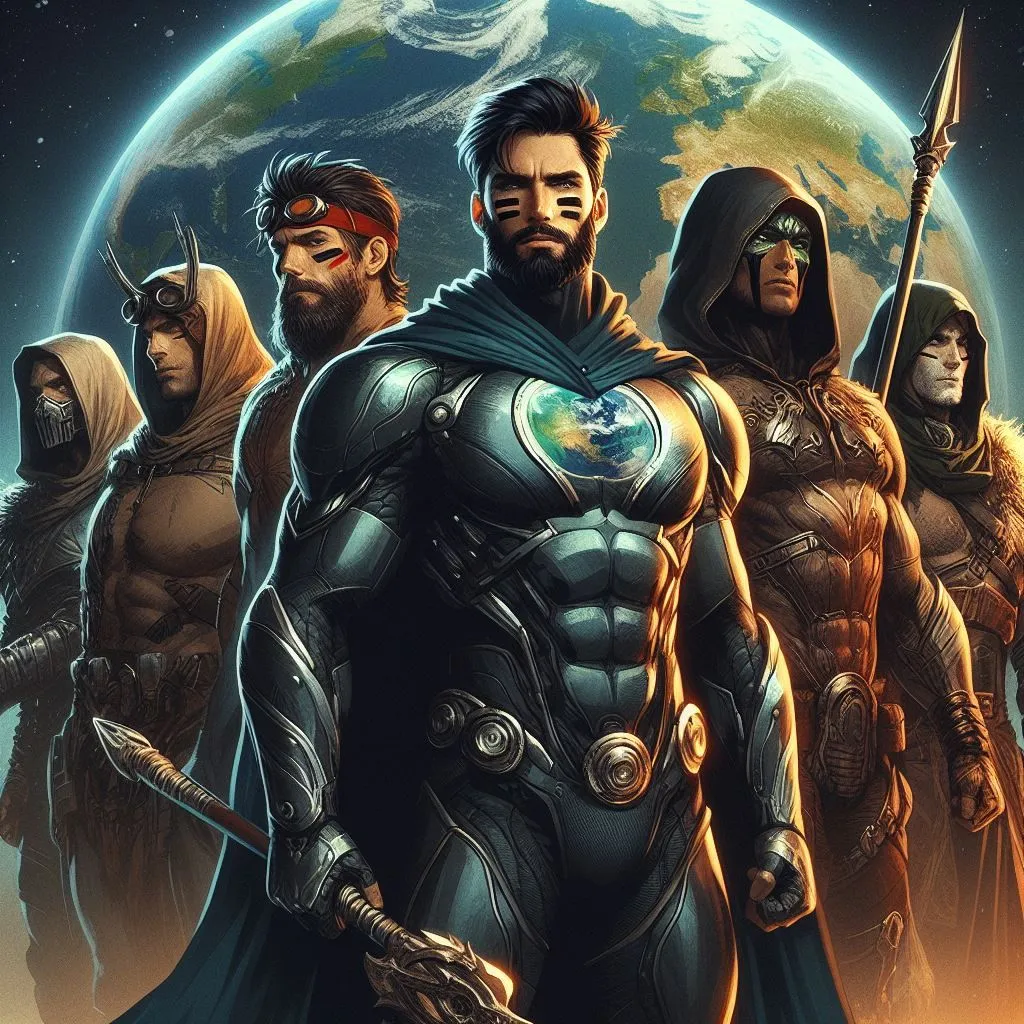 The image shows a group of five superheroes standing together in front of a blue and green planet. The man in the middle is the leader and he is wearing a blue and silver suit with a cape. He has a beard and a determined look on his face. The woman to his left is wearing a green and black suit and she has long red hair. She is looking at the leader with a serious expression. The man to the leader's right is wearing a brown and gray suit and he has a spear in his hand. He is looking at the leader with a confident smile. The woman to his right is wearing a white and blue suit and she has a sword in her hand. She is looking at the leader with a determined expression. The man on the far right is wearing a black suit and he has a bow and arrow in his hand. He is looking at the leader with a serious expression.