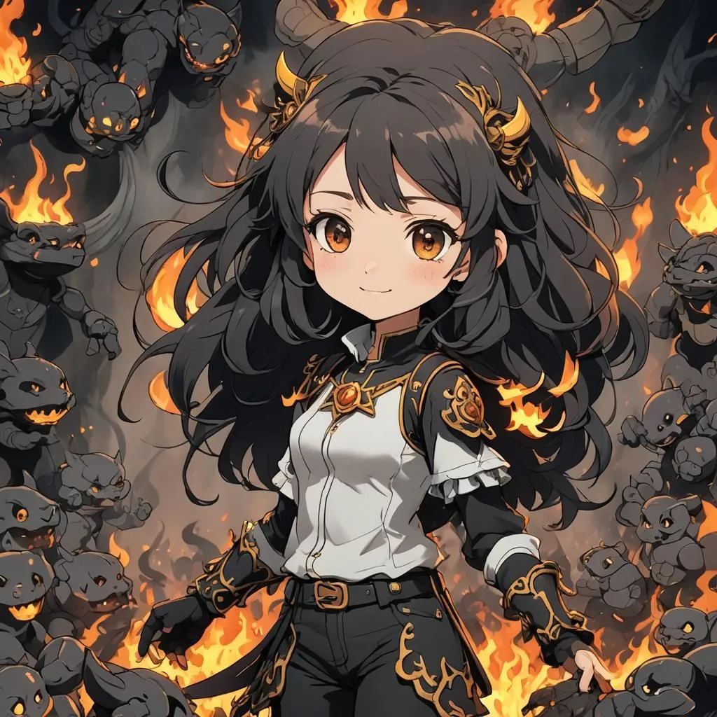 The image shows an anime-style girl with long black hair and orange eyes. She is wearing a white shirt, black vest, and brown pants. She is surrounded by small black creatures with red eyes and sharp teeth. The girl is smiling and has her arms outstretched. The background is a fiery orange color.