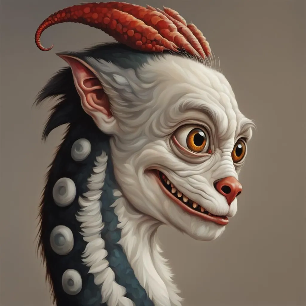 The creature has a long, pointed nose, a wide mouth, and large, yellow eyes. Its fur is white with blue patches and it has a red horn on its head. It is smiling and looks happy.