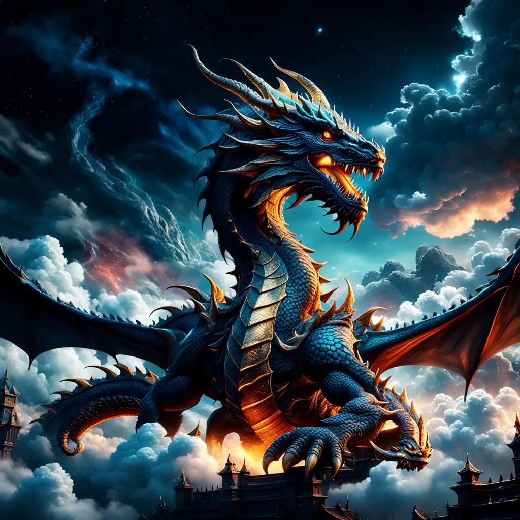 A magnificent blue dragon soars through a stormy sky. Its massive wings beat the air, propelling it forward with incredible speed. The dragon's scales glisten in the sunlight, and its eyes burn with a fierce intensity. It is a creature of power and grace, and it is clear that it is the master of its domain.