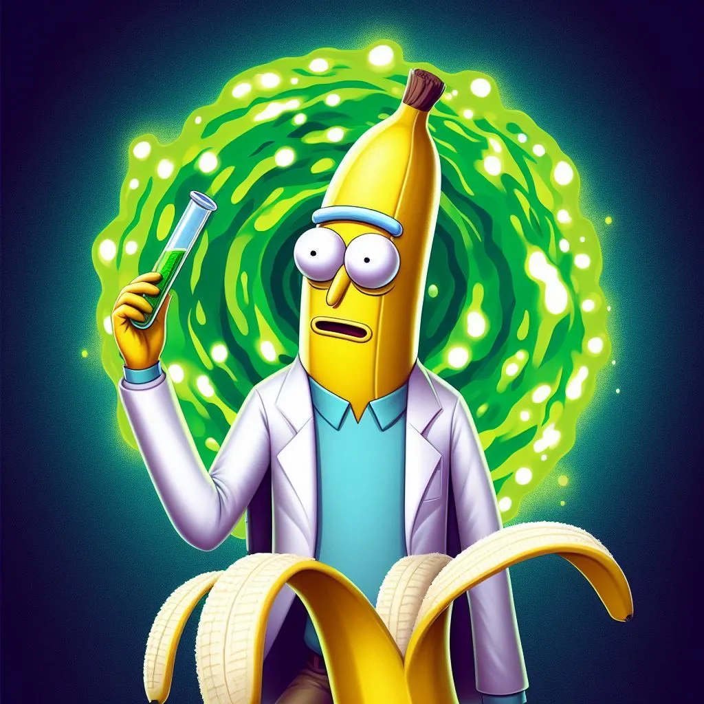 The image shows a banana wearing a lab coat and holding a beaker of green liquid. The banana is standing in front of a green portal. The banana's expression suggests that it is surprised or excited.