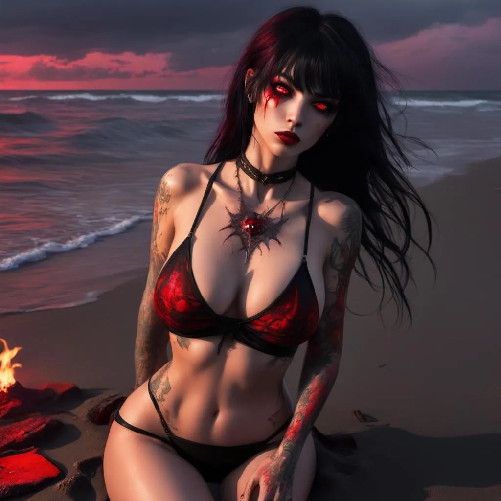 The image is of a beautiful woman with long black hair and red eyes. She is wearing a red and black bikini and is sitting on the beach. The background is a dark red sky and sea. The woman is looking at the camera with a seductive expression.