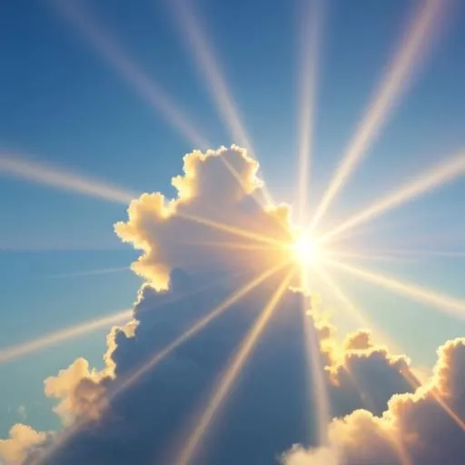 The image shows the sun shining brightly in a blue sky. The sun is surrounded by clouds and the sky is clear. The sun's rays are extending out in all directions. The image is very bright and has a warm feeling to it.