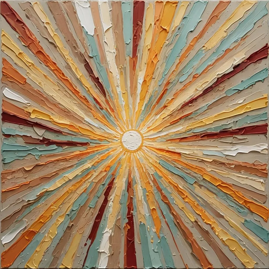 The painting is a depiction of the sun. It is a bright, circular object with rays extending outward in all directions. The rays are made up of different colors, including yellow, orange, red, and blue. The painting has a warm and inviting feeling to it. It is a reminder of the power and beauty of the sun.